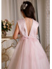 Pearl Neck Blush Pink Satin Tulle Ankle Length Flower Girl Dress
